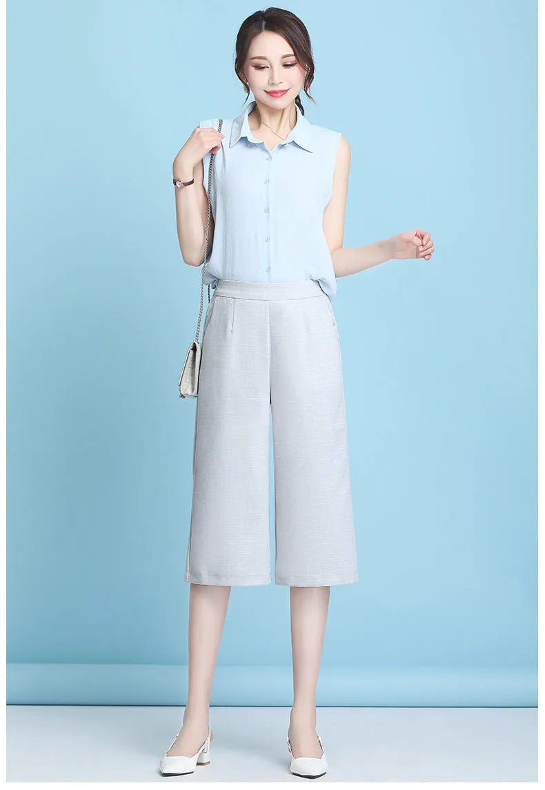 Ice Silk Three Quarter Wide Leg Pants Women Summer Thin High Waist Drape Mom Plus Size Loose Ankle-Length Casual Pants