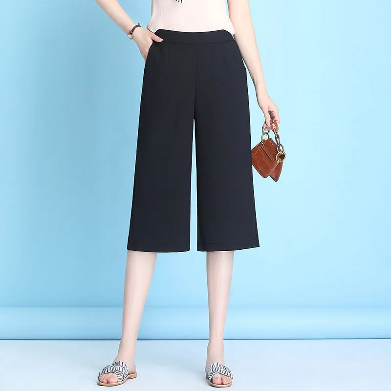 Ice Silk Three Quarter Wide Leg Pants Women Summer Thin High Waist Drape Mom Plus Size Loose Ankle-Length Casual Pants