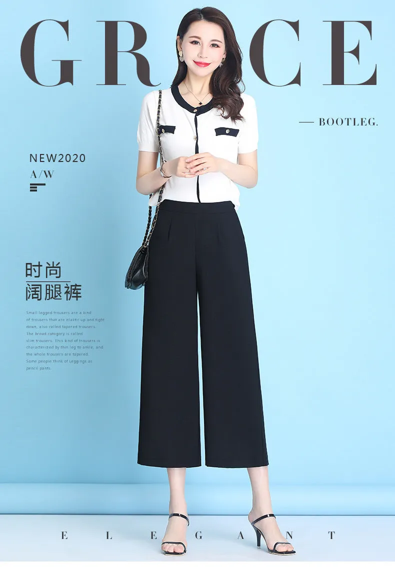 Ice Silk Three Quarter Wide Leg Pants Women Summer Thin High Waist Drape Mom Plus Size Loose Ankle-Length Casual Pants