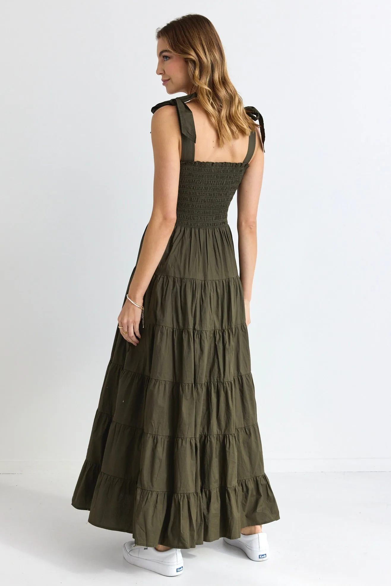 Isabella Khaki Cotton Poplin Strappy Tiered Maxi Dress