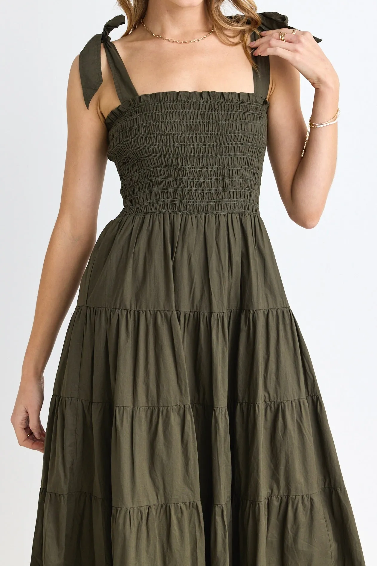 Isabella Khaki Cotton Poplin Strappy Tiered Maxi Dress