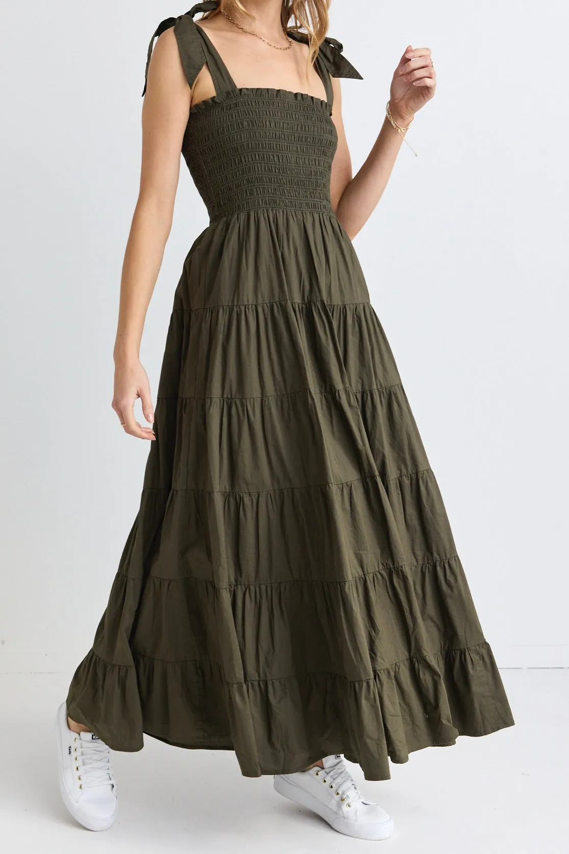 Isabella Khaki Cotton Poplin Strappy Tiered Maxi Dress