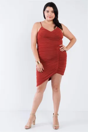 Junior Plus Size Marsala Ruched Mesh Cami Mini Dress /2-2-2