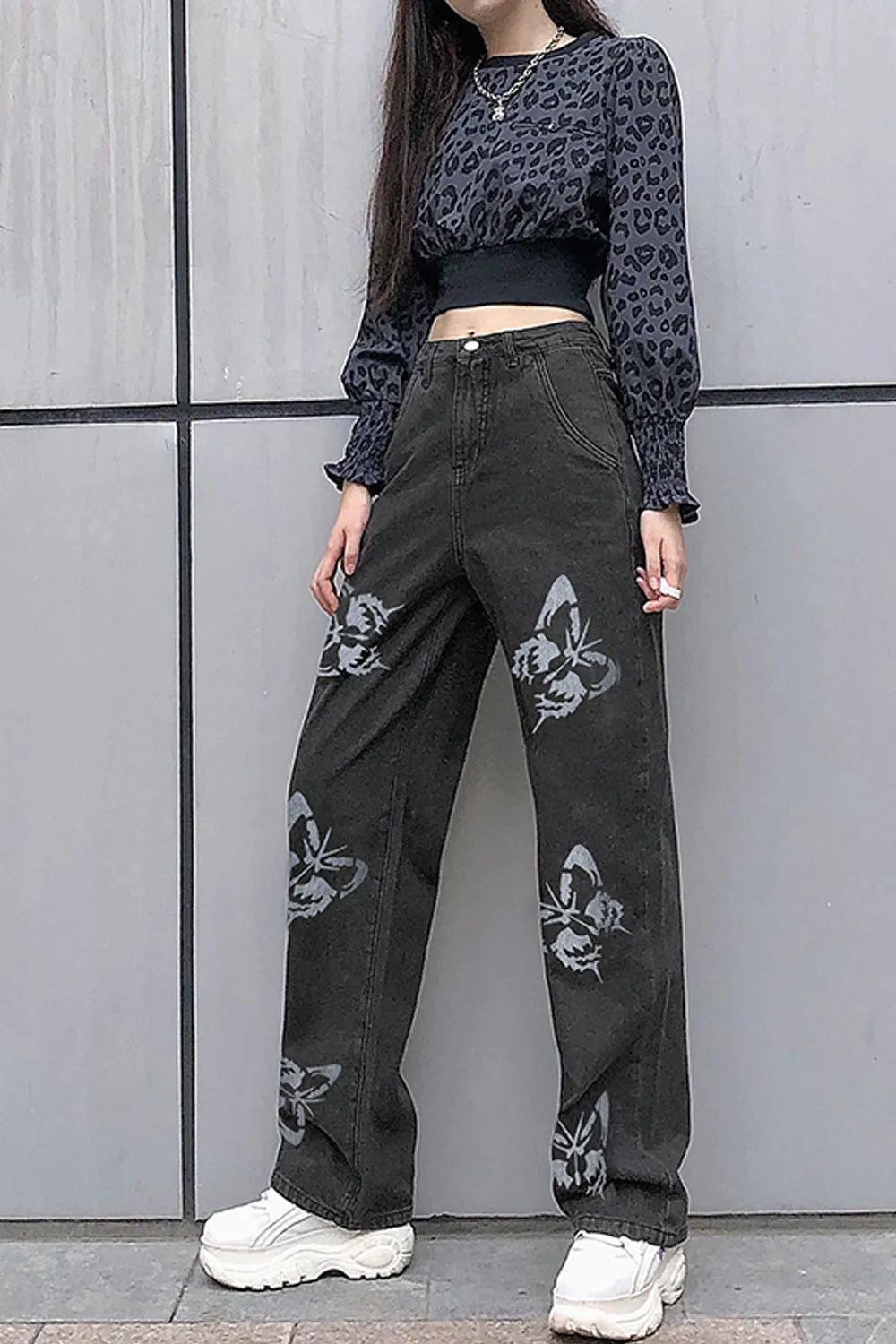 KittenAlarm - High Waist Wide Leg Butterfly Pattern Jeans Pants
