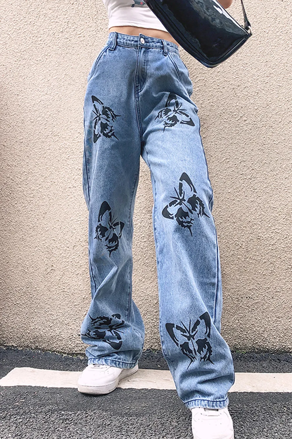 KittenAlarm - High Waist Wide Leg Butterfly Pattern Jeans Pants
