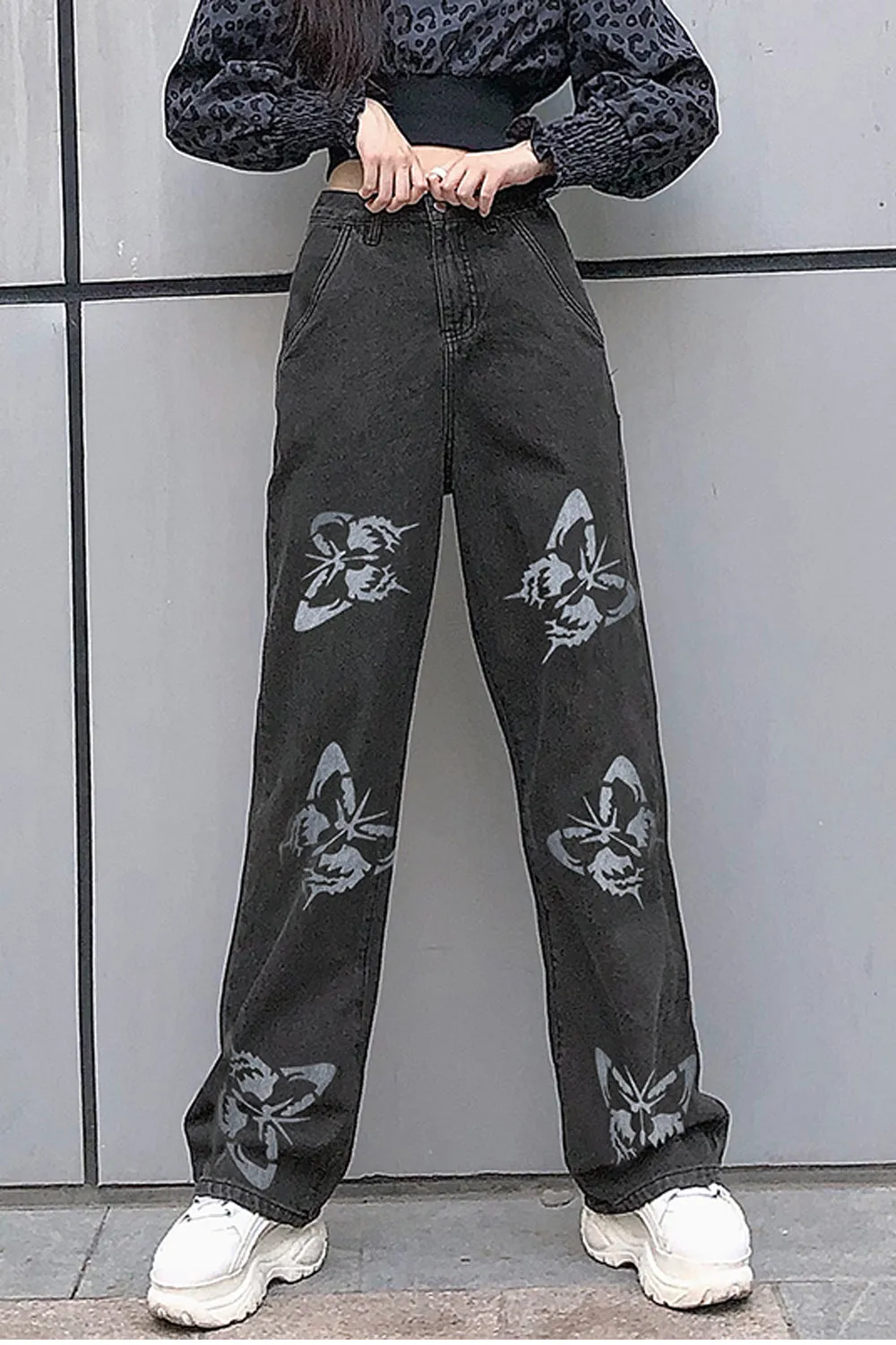 KittenAlarm - High Waist Wide Leg Butterfly Pattern Jeans Pants