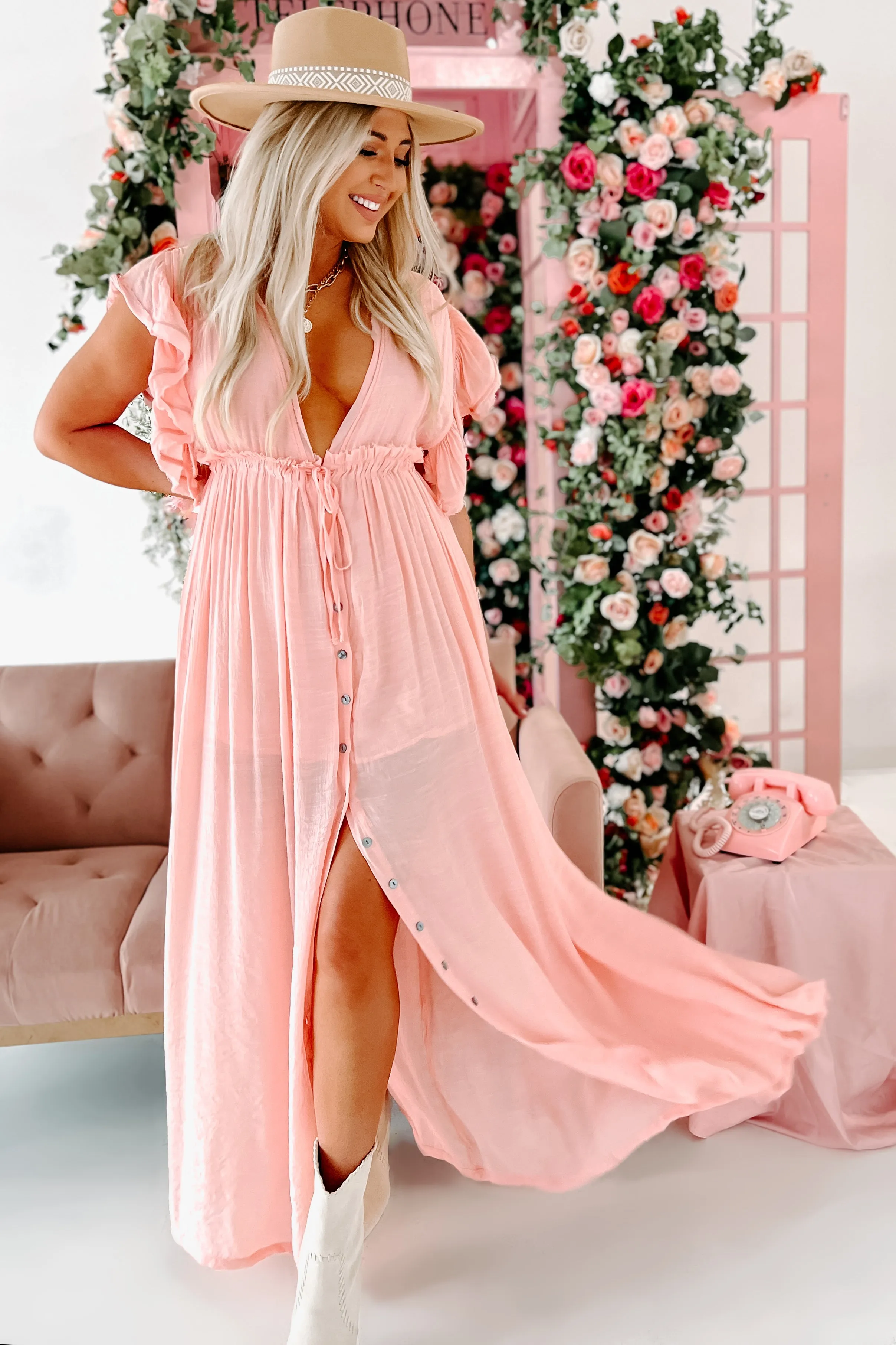 Laguna Living Button-Front Deep V Maxi Dress (Light Peach)