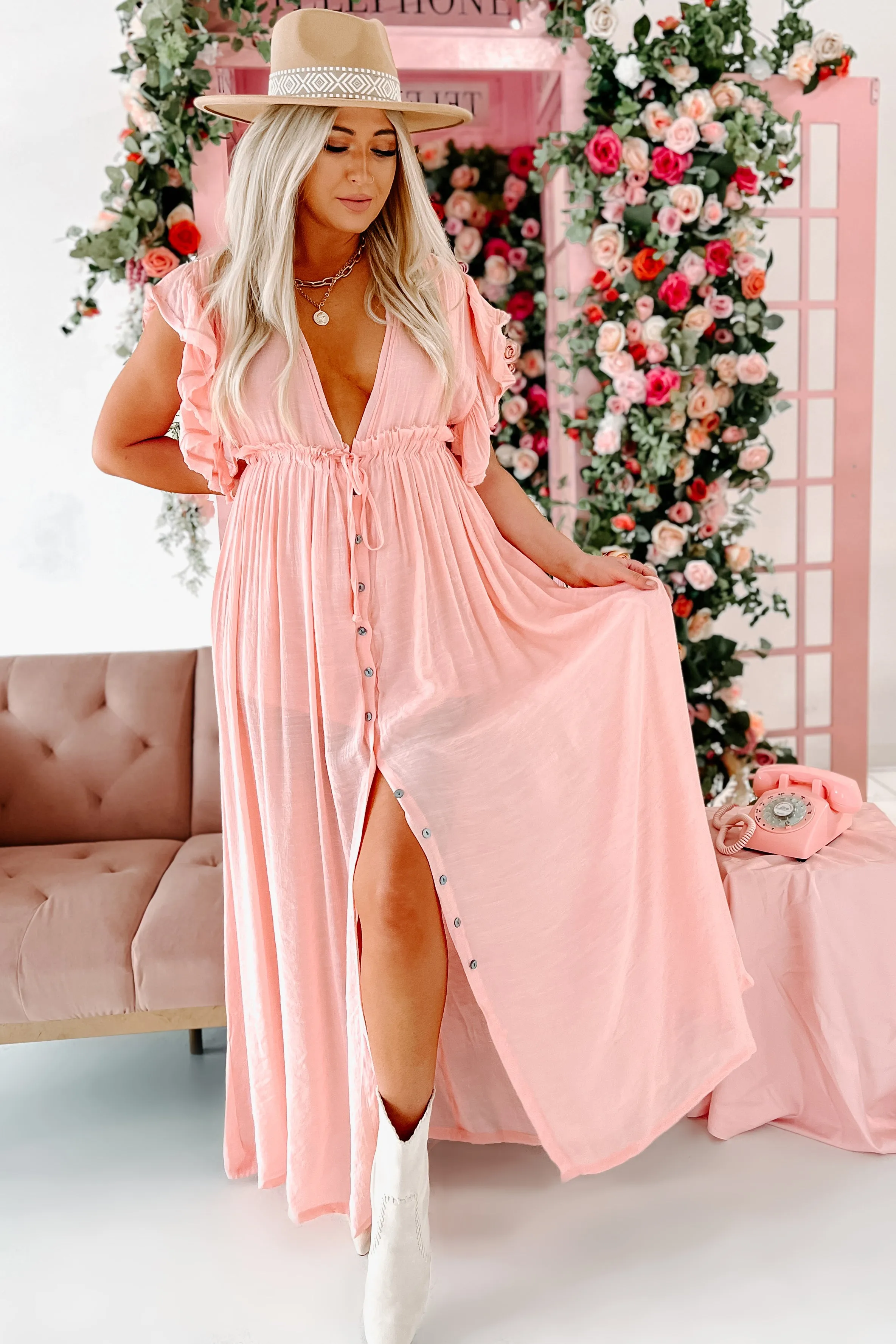 Laguna Living Button-Front Deep V Maxi Dress (Light Peach)