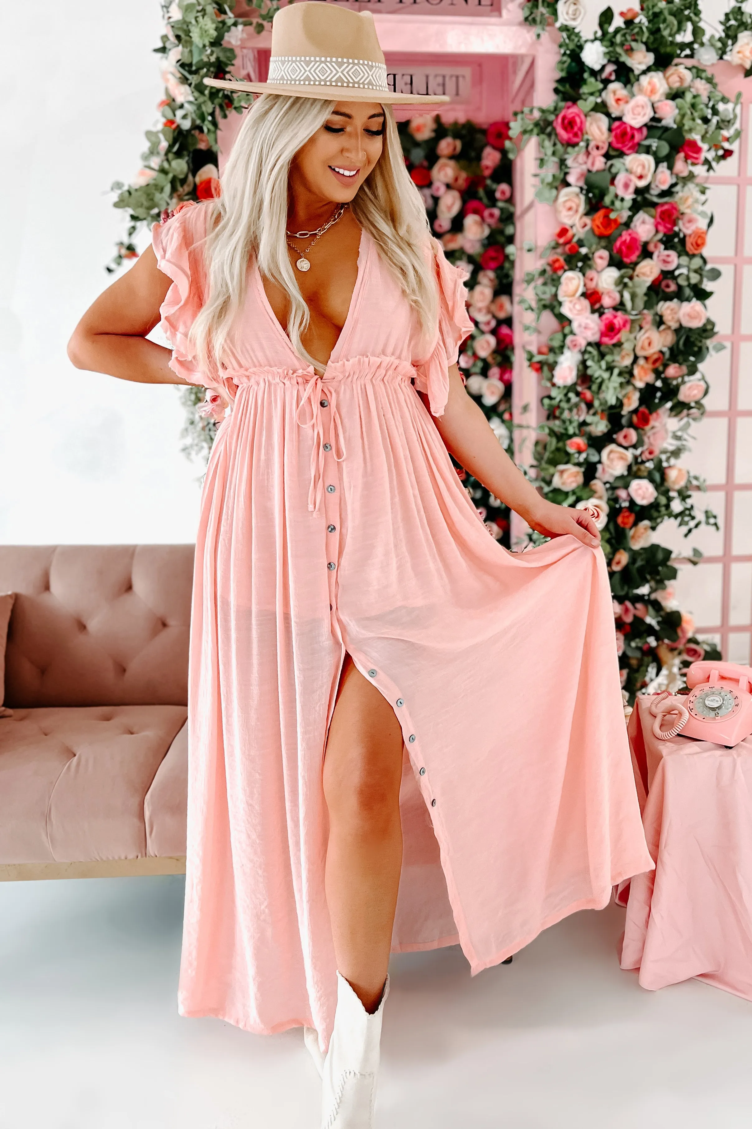 Laguna Living Button-Front Deep V Maxi Dress (Light Peach)