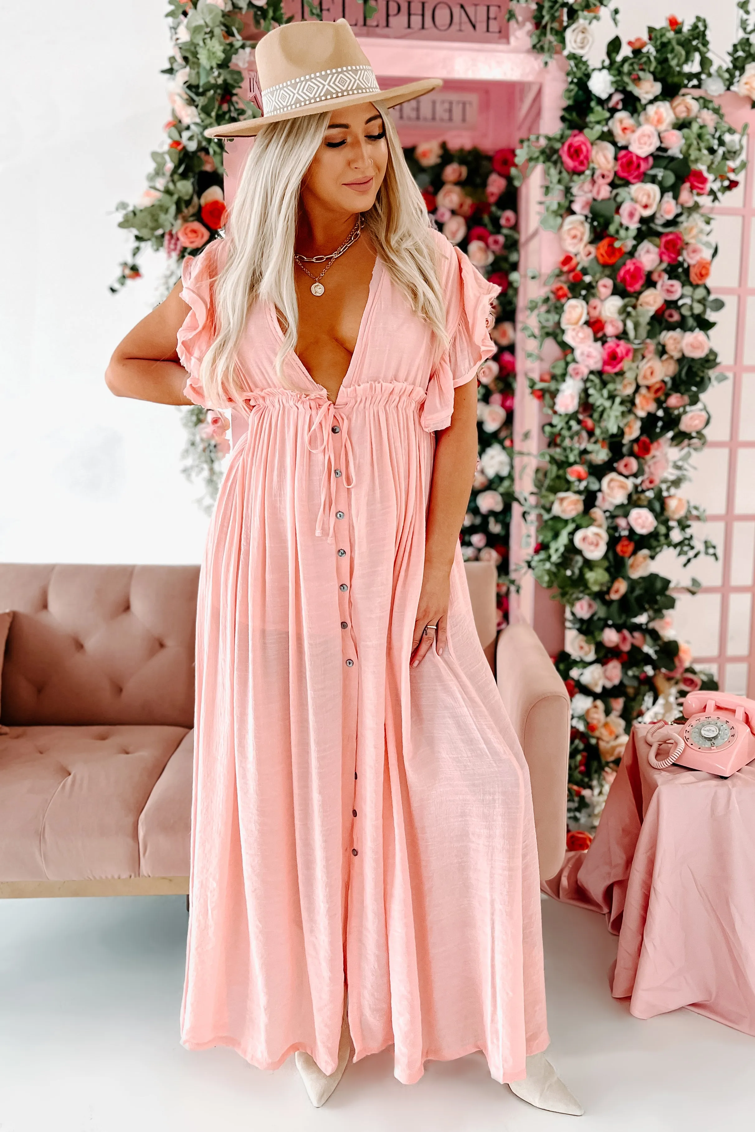 Laguna Living Button-Front Deep V Maxi Dress (Light Peach)