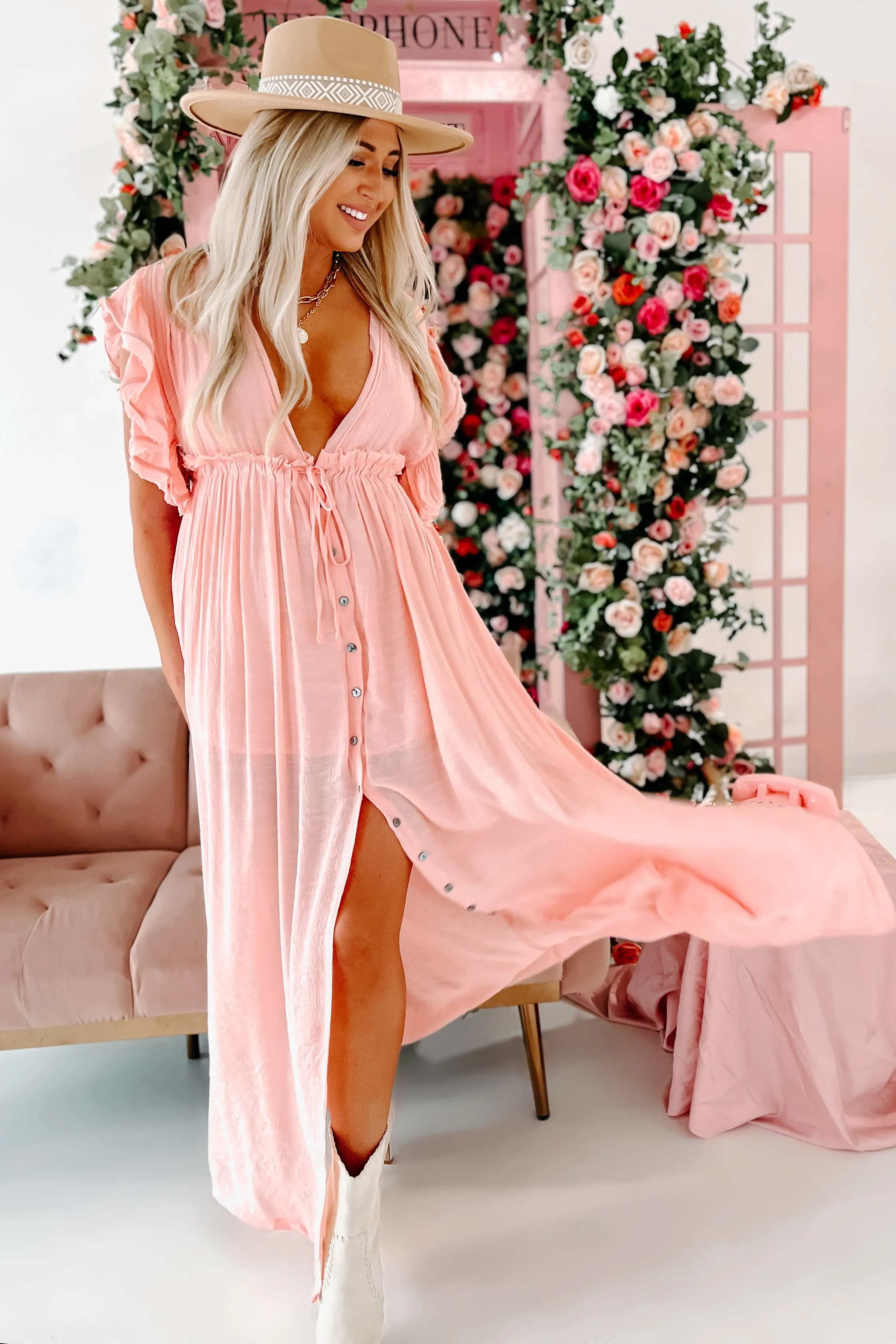 Laguna Living Button-Front Deep V Maxi Dress (Light Peach)