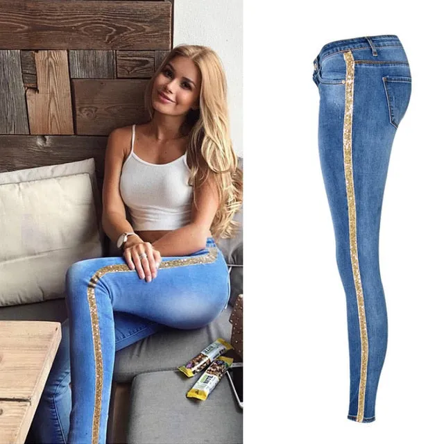 Low Waist Fashion Side Stripe Skinny Jeans