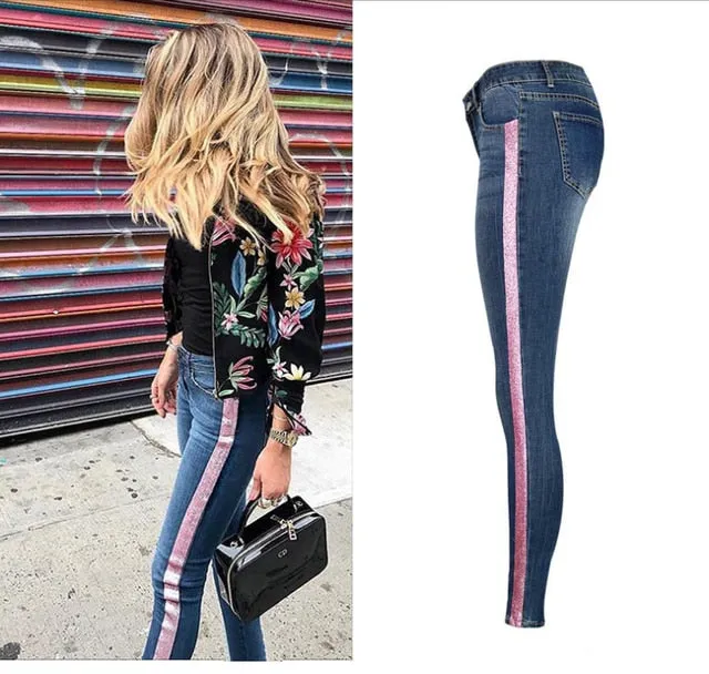 Low Waist Fashion Side Stripe Skinny Jeans