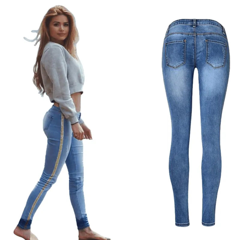 Low Waist Fashion Side Stripe Skinny Jeans
