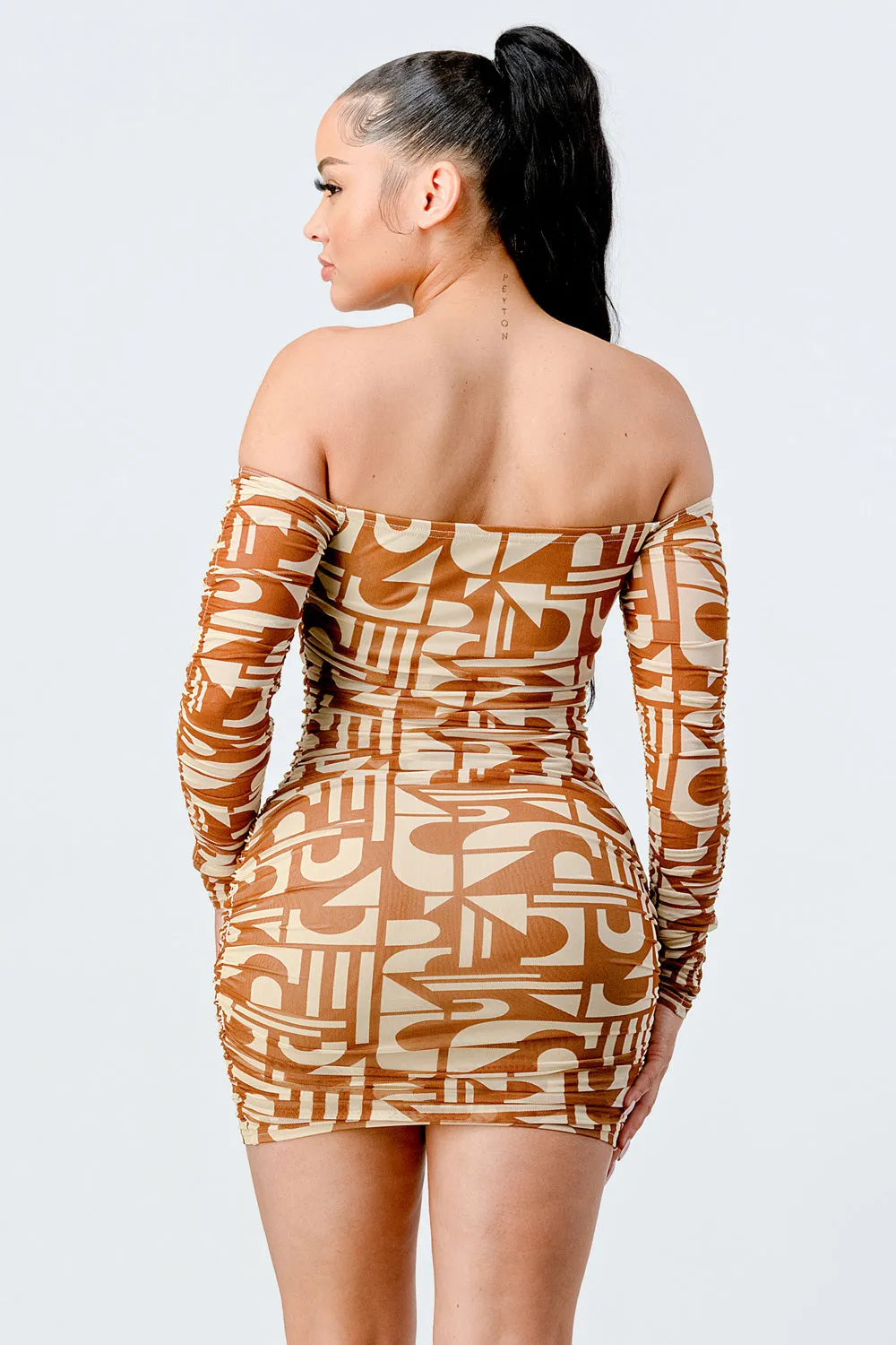 LUX PRINT MESH OFF SHOULDER BODYCON MINI DRESS