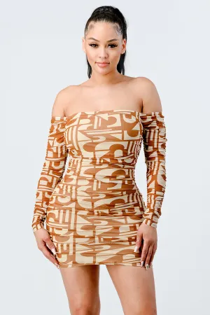 LUX PRINT MESH OFF SHOULDER BODYCON MINI DRESS