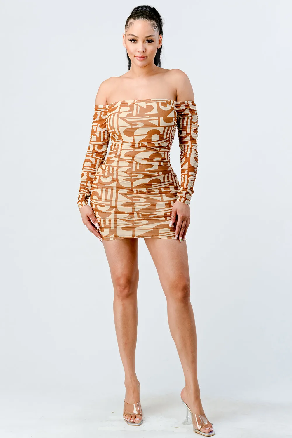 LUX PRINT MESH OFF SHOULDER BODYCON MINI DRESS