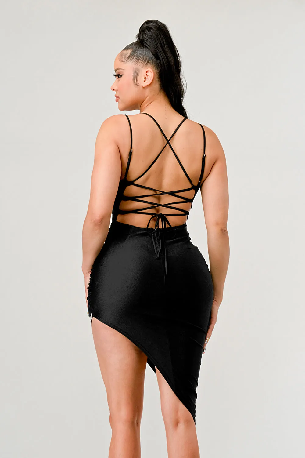 LUXE JERSEY YOGA GLITTER ASYMMETRIC HEM MINI DRESS