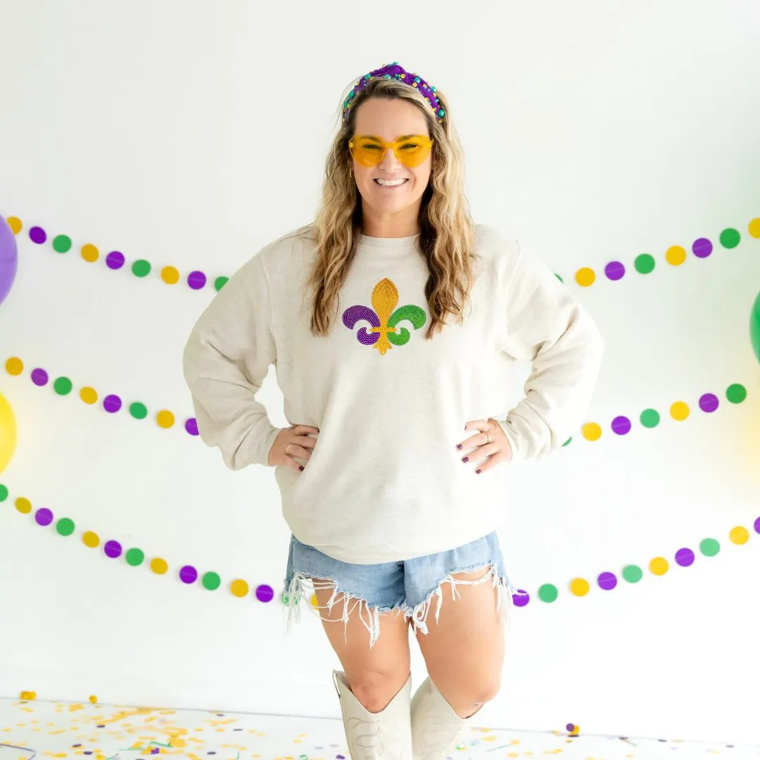 Mardi Gras Fleur De Lis Patch Adult Sweatshirt - Natural
