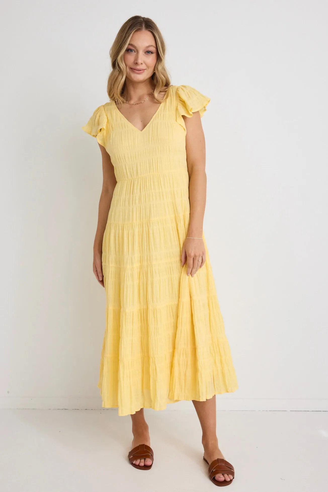 Marley Butter Flutter Sleeve V Neck Tiered Maxi Dress