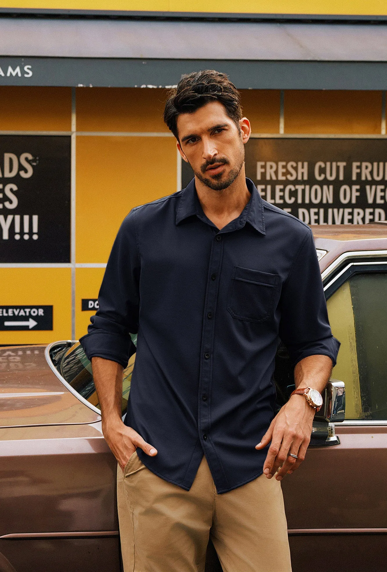 Men Curved Hem Shirt Casual Long Sleeve Classic Collar Button-up Tops