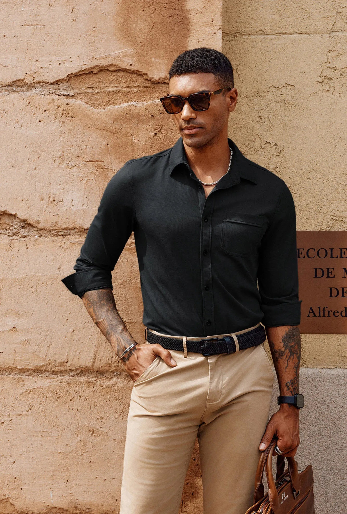 Men Curved Hem Shirt Casual Long Sleeve Classic Collar Button-up Tops