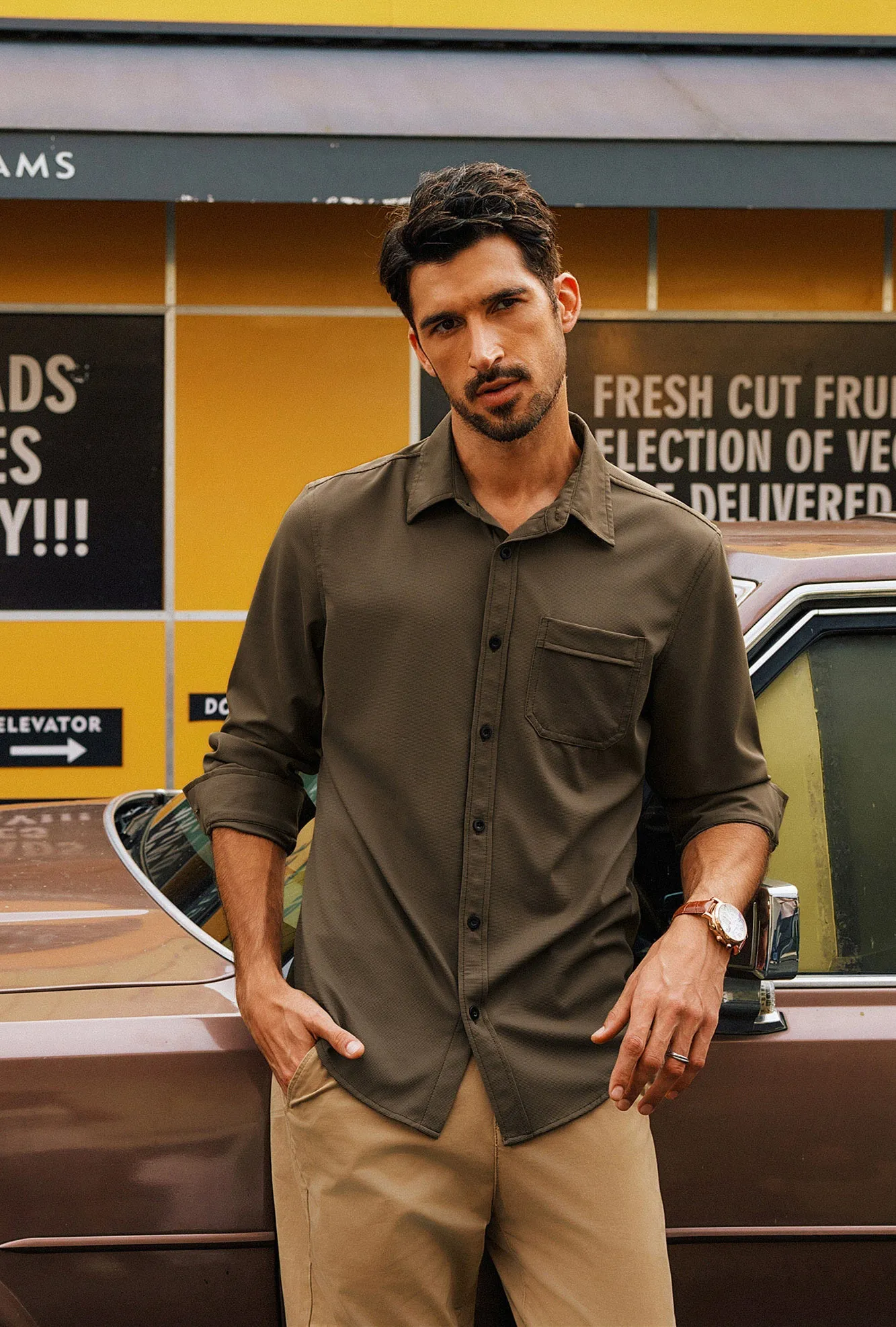 Men Curved Hem Shirt Casual Long Sleeve Classic Collar Button-up Tops