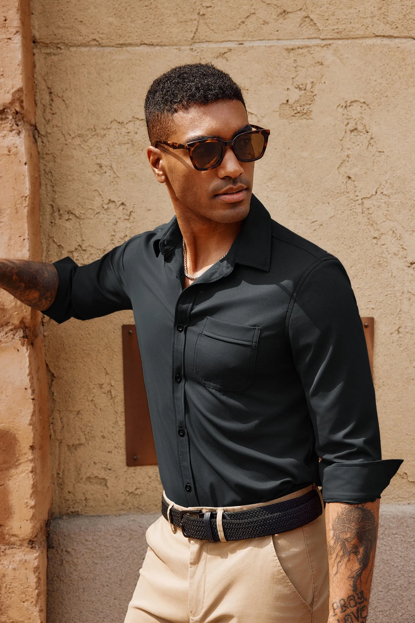 Men Curved Hem Shirt Casual Long Sleeve Classic Collar Button-up Tops