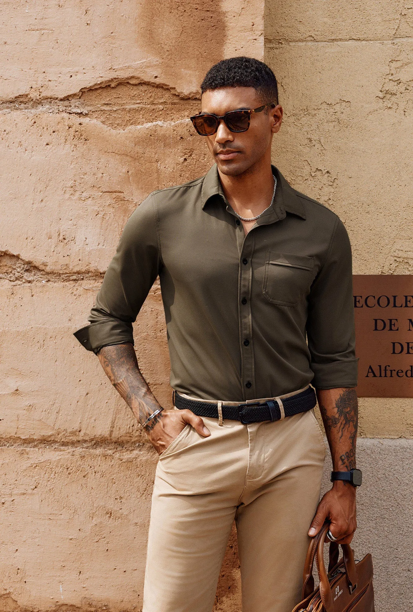 Men Curved Hem Shirt Casual Long Sleeve Classic Collar Button-up Tops
