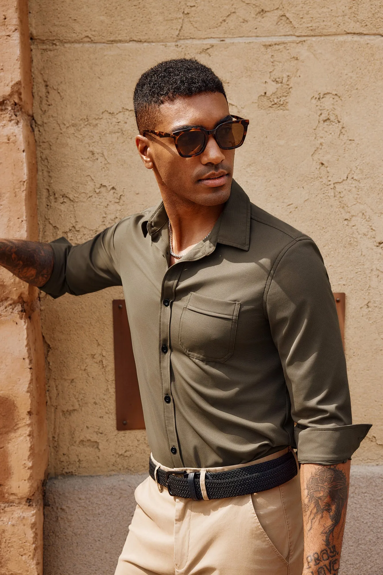 Men Curved Hem Shirt Casual Long Sleeve Classic Collar Button-up Tops