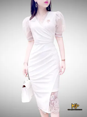MJV1483 White Puff Sleeve Faux Wrap Party Dress