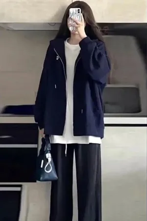 Navy Blue Basic Drawstring Hooded Vintage Loose Women Hoodies Fashion Chic Zipper Pure Color Simple Casual Female Hoodies