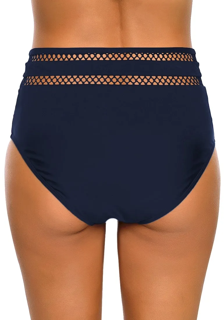 Navy Fishnet Panel High-Waist Bikini Bottom