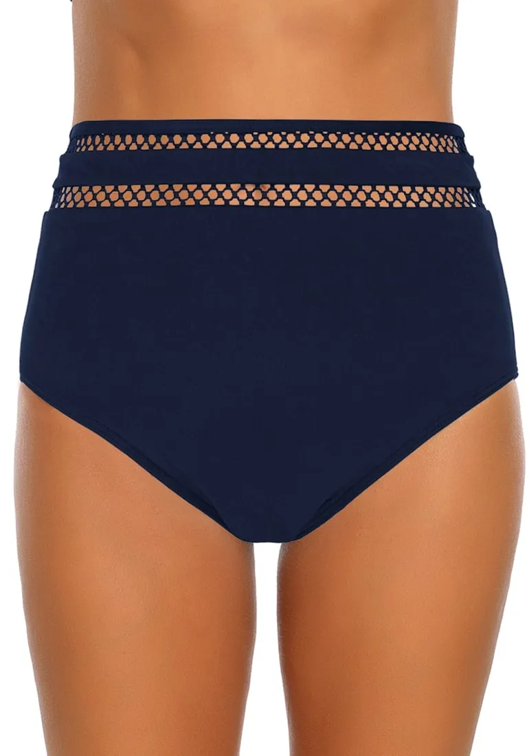 Navy Fishnet Panel High-Waist Bikini Bottom
