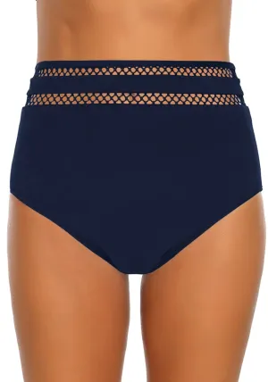 Navy Fishnet Panel High-Waist Bikini Bottom