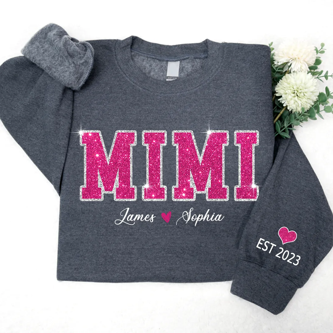 Personalized Mimi Pink Glitter, Custom Grandma Est With Kids TH Sweatshirt