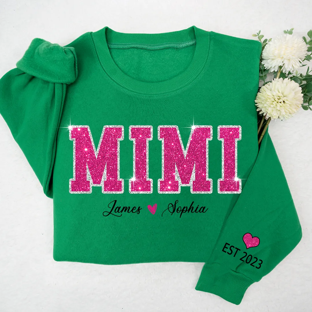Personalized Mimi Pink Glitter, Custom Grandma Est With Kids TH Sweatshirt