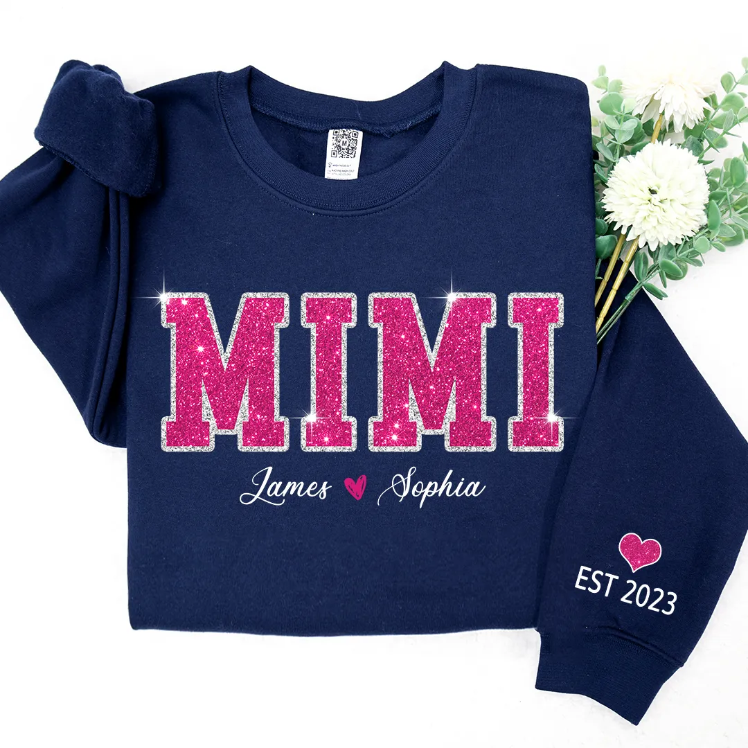 Personalized Mimi Pink Glitter, Custom Grandma Est With Kids TH Sweatshirt
