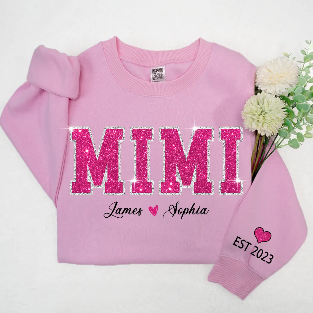 Personalized Mimi Pink Glitter, Custom Grandma Est With Kids TH Sweatshirt