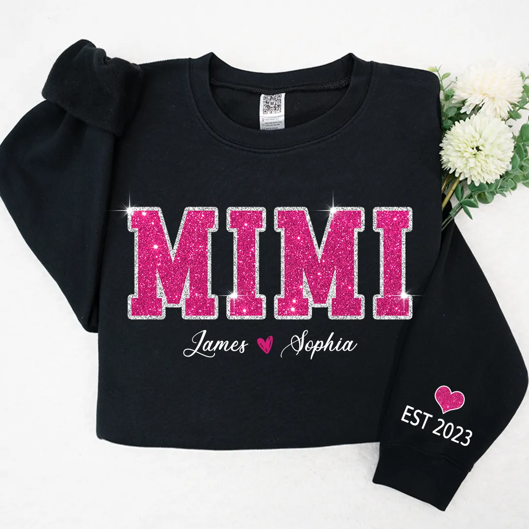 Personalized Mimi Pink Glitter, Custom Grandma Est With Kids TH Sweatshirt