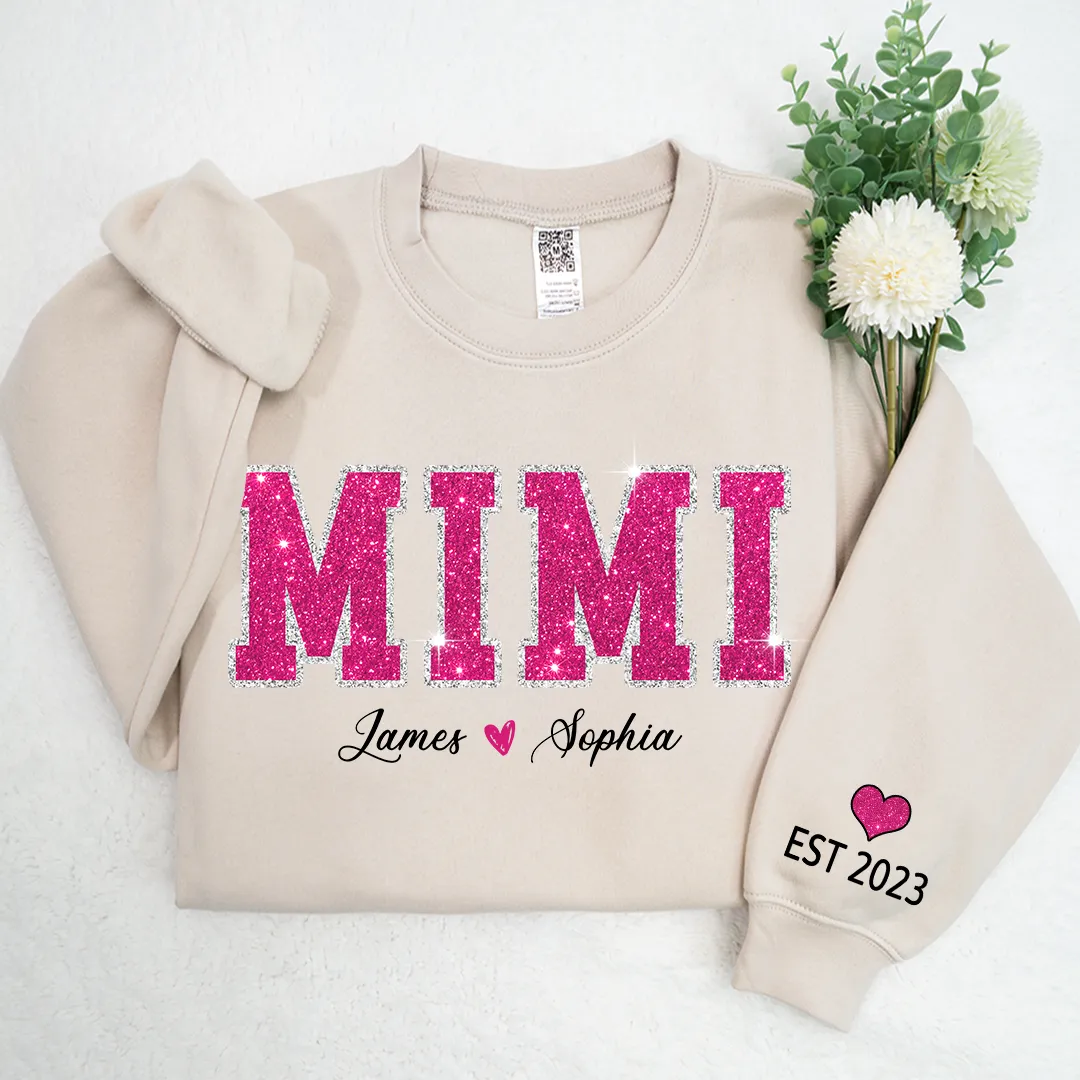 Personalized Mimi Pink Glitter, Custom Grandma Est With Kids TH Sweatshirt