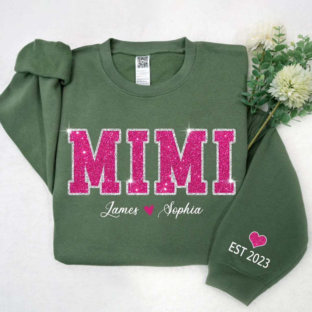 Personalized Mimi Pink Glitter, Custom Grandma Est With Kids TH Sweatshirt