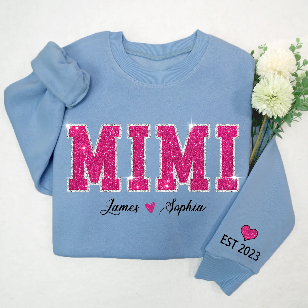 Personalized Mimi Pink Glitter, Custom Grandma Est With Kids TH Sweatshirt