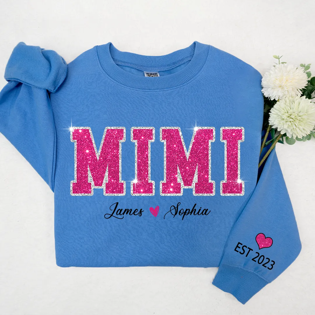 Personalized Mimi Pink Glitter, Custom Grandma Est With Kids TH Sweatshirt