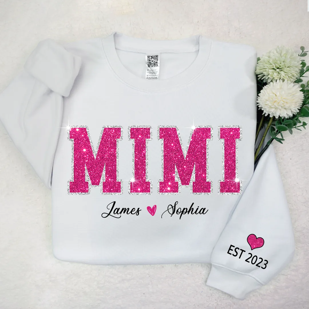 Personalized Mimi Pink Glitter, Custom Grandma Est With Kids TH Sweatshirt