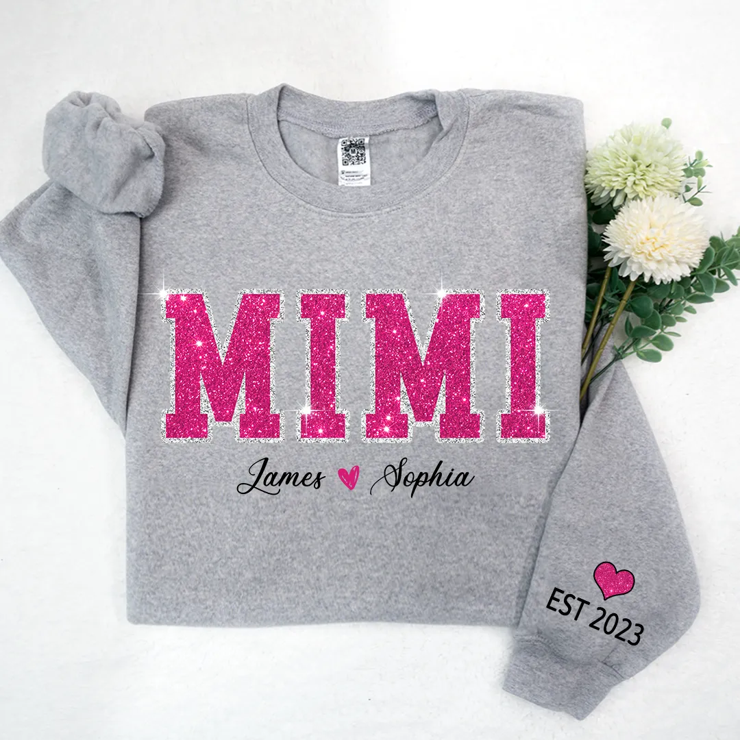 Personalized Mimi Pink Glitter, Custom Grandma Est With Kids TH Sweatshirt