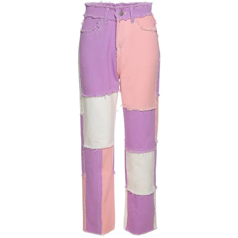 Pink Brown Color Block Fringe Patchwork High Waist Pants