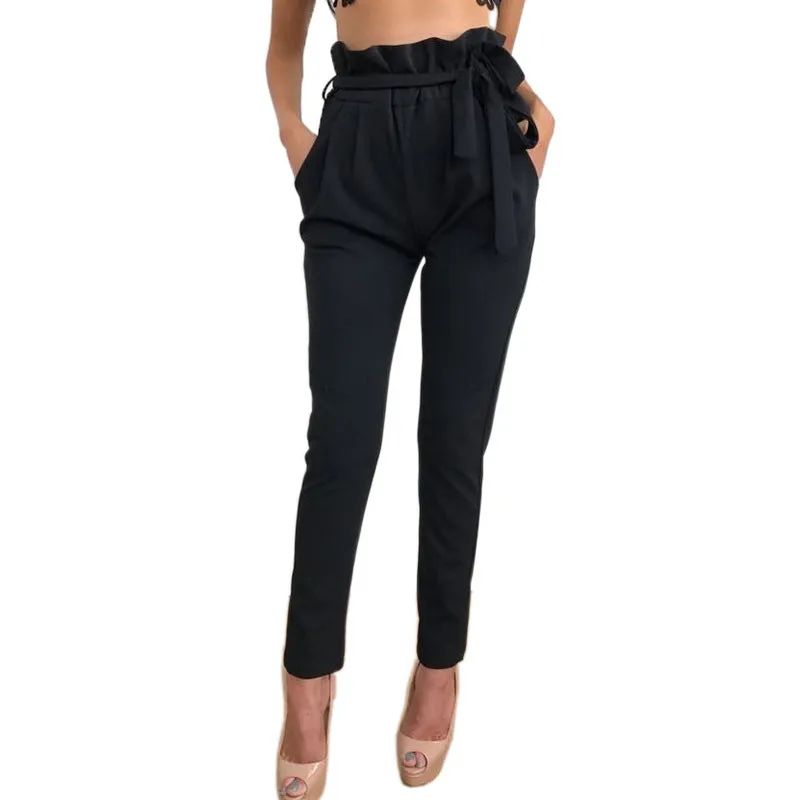 Popular High Waist Belt Casual Ankle-Length Pants Slim Fit Pencil Women Pants