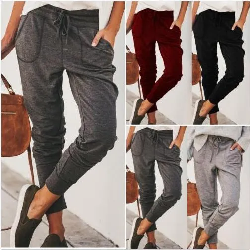 Popular Women Elastic Lace Casual Pants Loose Pocket Slim Fit Long Pants