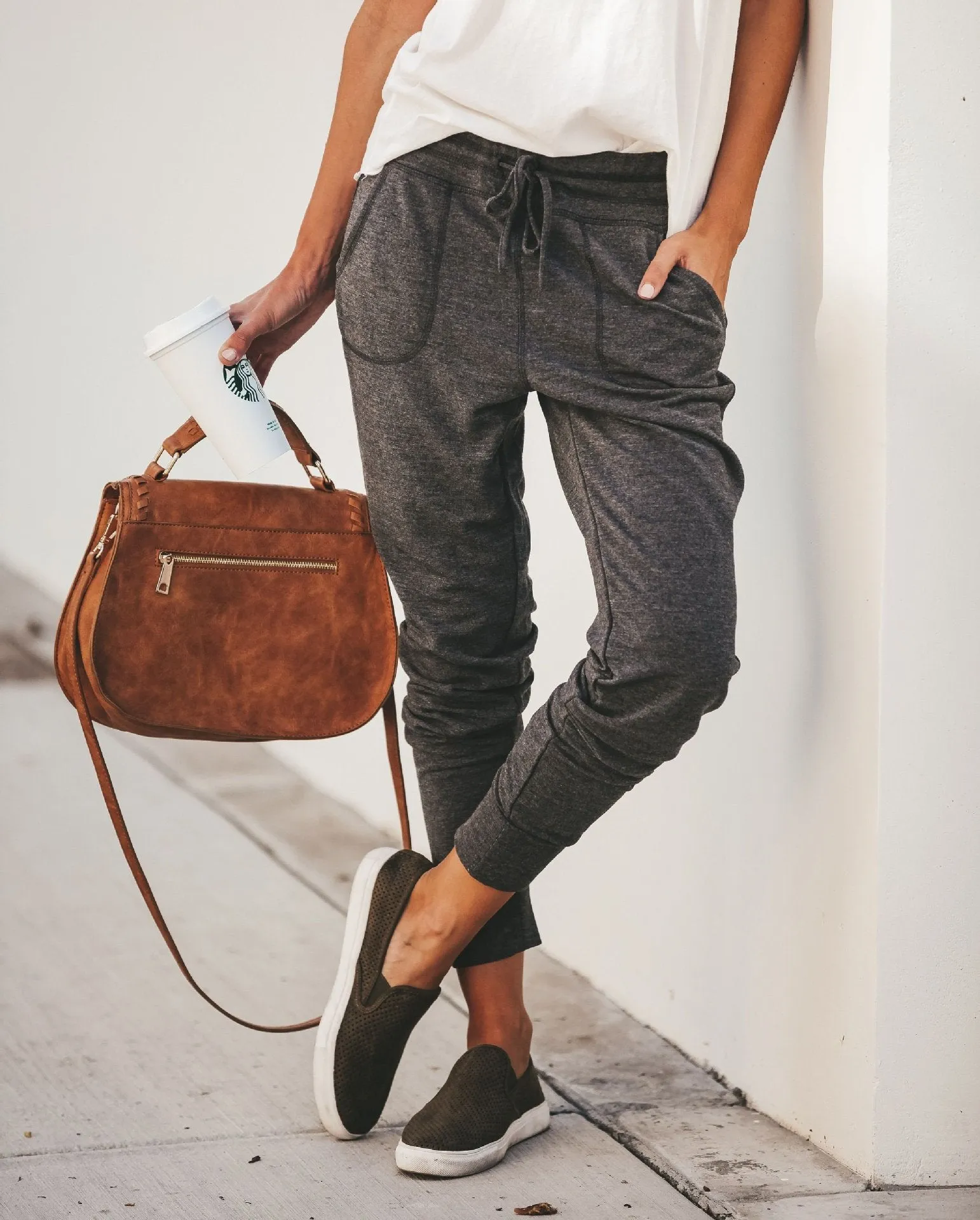 Popular Women Elastic Lace Casual Pants Loose Pocket Slim Fit Long Pants